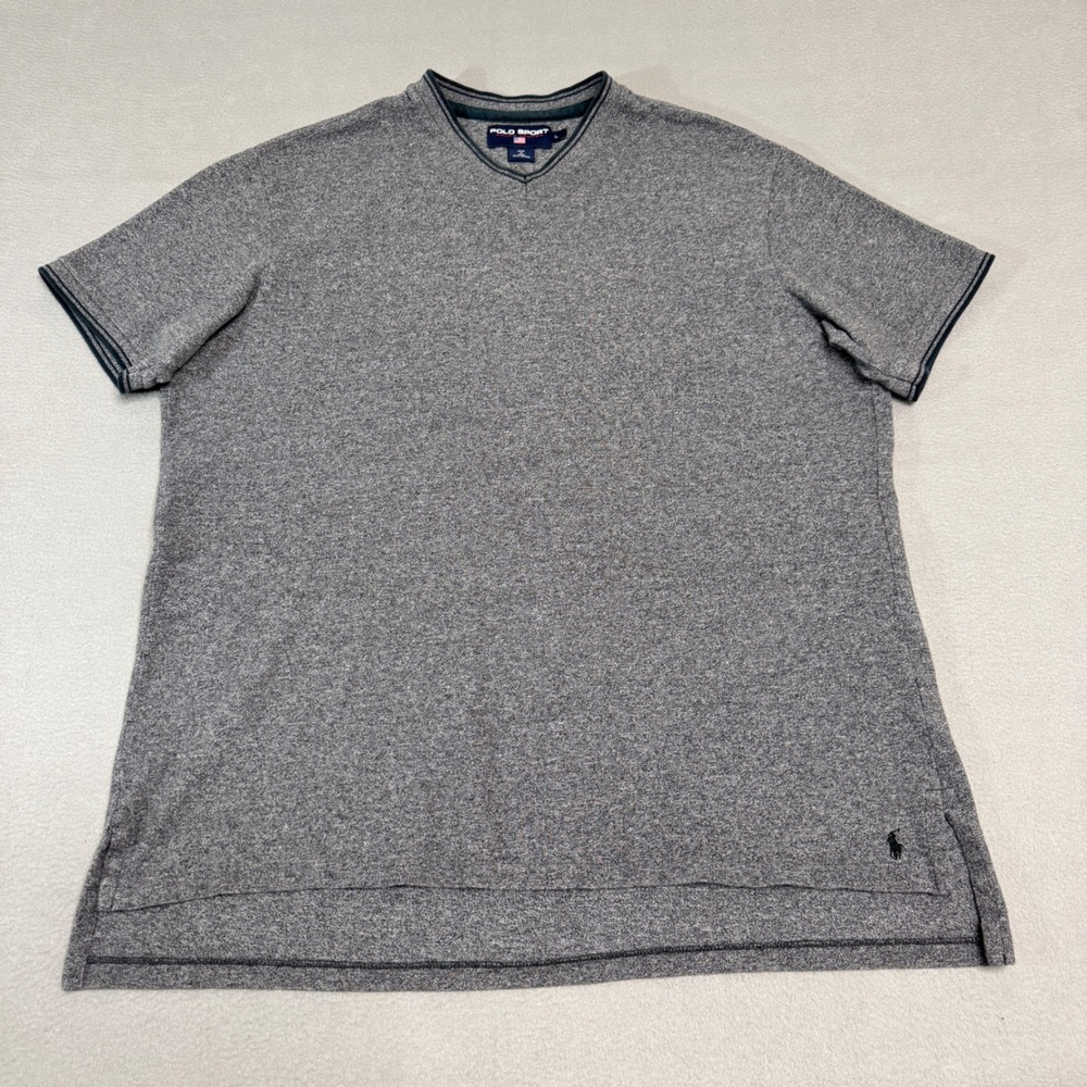 Polo Sport Ralph Lauren Shirt Mens L Gray V Neck Cotton Pique Knit Preppy Logo